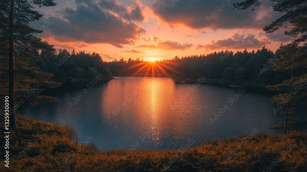 Naklejka premium Stunning sunset over a serene forest lake with dramatic sky