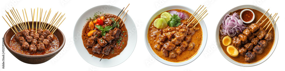 Traditional beef satay dish isolated on transparent background, PNG, Set of