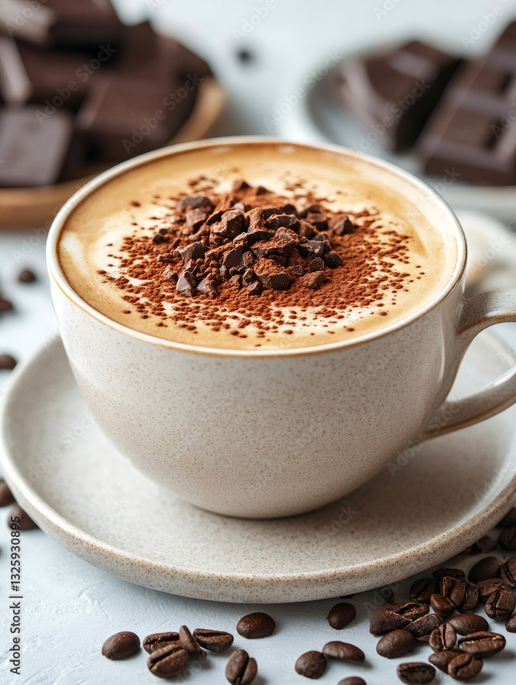 Delicious cappuccino with chocolate sprinkles and coffee beans Delicious cappuccino with chocolate sprinkles and coffee beans