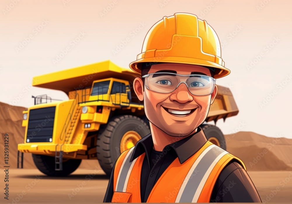 Smiling construction worker in front of a large mining truck Smiling construction worker in front of a large mining truck