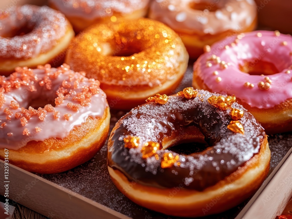 Colorful donuts with various frostings in a wooden box ready for sharing at a morning gathering Colorful donuts with various frostings in a wooden box ready for sharing at a morning gathering