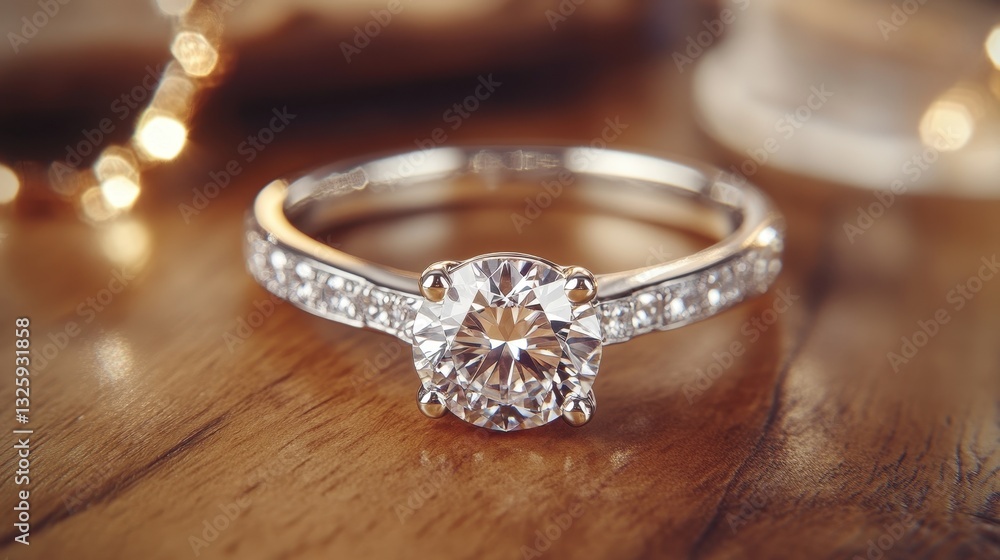 Elegant diamond engagement ring with sparkling gemstone on wooden surface Elegant diamond engagement ring with sparkling gemstone on wooden surface