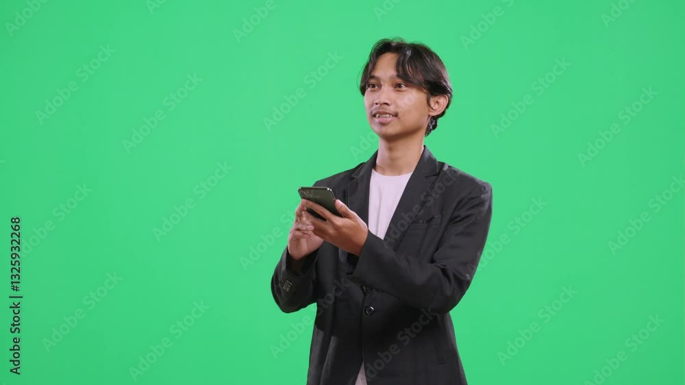 Business professional using smartphone executing various touchscreen gestures on an isolated green screen background. Mimicking swiping, clicking, and tapping actions. Green screen, business, UI Business professional using smartphone executing various touchscreen gestures on an isolated green screen background. Mimicking swiping, clicking, and tapping actions. Green screen, business, UI
