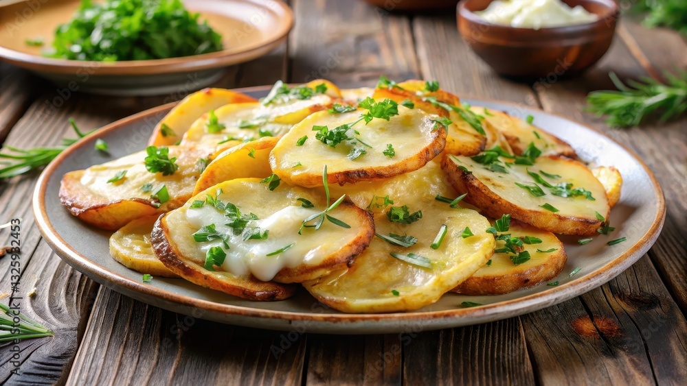 Crispy fried potato slices on a plate with melted cheese and herbs , crispy potatoes, breakfast food, crispy potatoes Crispy fried potato slices on a plate with melted cheese and herbs , crispy potatoes, breakfast food, crispy potatoes