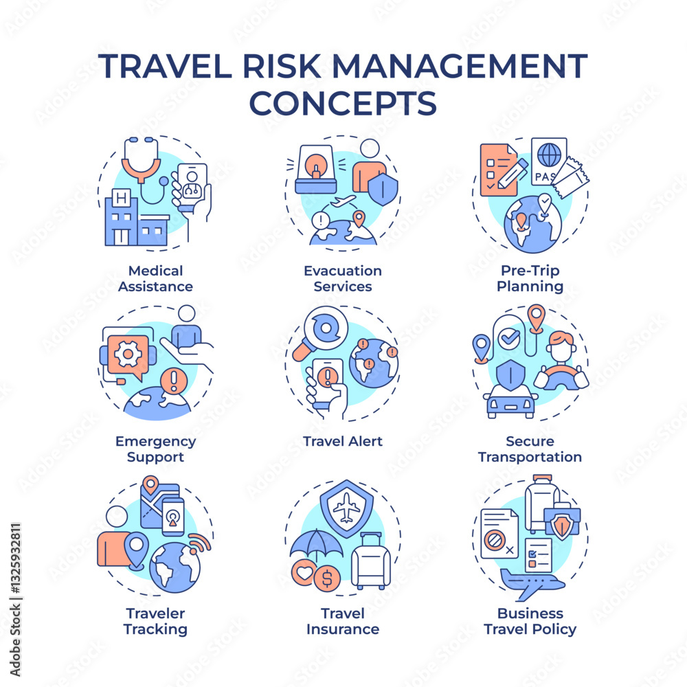 Travel risk management multi color concept icons. Business journey security service. Tourist insurance policy. Icon pack. Vector images. Round shape illustrations for presentation. Abstract idea Travel risk management multi color concept icons. Business journey security service. Tourist insurance policy. Icon pack. Vector images. Round shape illustrations for presentation. Abstract idea