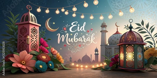 Magnificent 3D Eid Mubarak Post with Glowing Lamps, Crescent Moon, and a Vibrant Festive Background