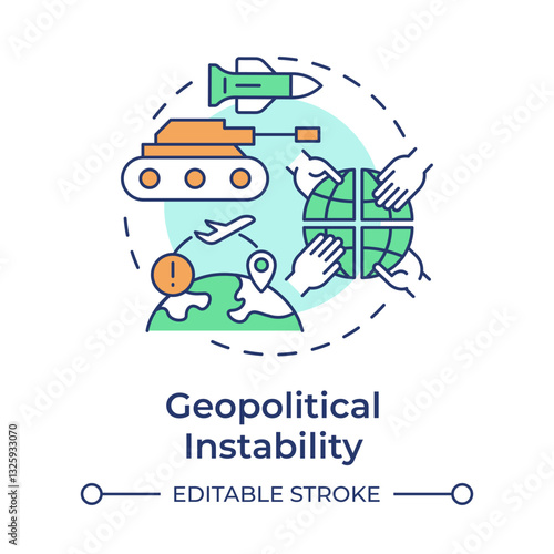 Geopolitical instability multi color concept icon. Type of critical events. Travel risk management. Round shape line illustration. Abstract idea. Graphic design. Easy to use in presentation