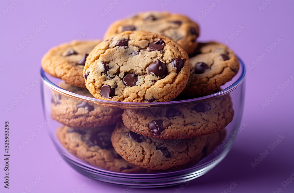 A glass pan of chocolate chip cookies on a purple background A glass pan of chocolate chip cookies on a purple background