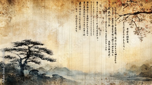 Traditional asian landscape painting with calligraphy on aged paper background