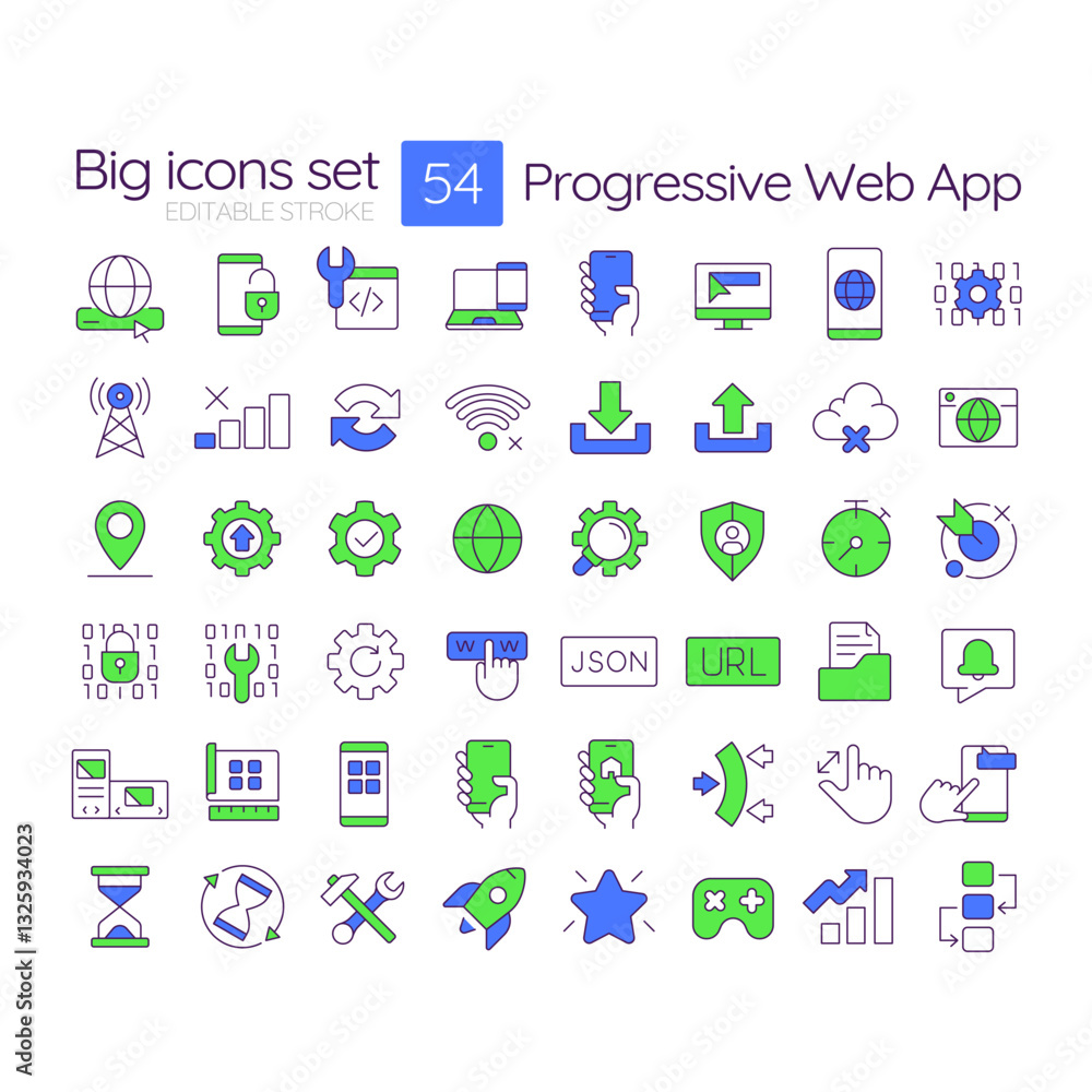 Progressive web app RGB color icons set. PWA development platform. Digital technology application. Isolated vector illustrations. Simple filled line drawings collection. Editable stroke Progressive web app RGB color icons set. PWA development platform. Digital technology application. Isolated vector illustrations. Simple filled line drawings collection. Editable stroke