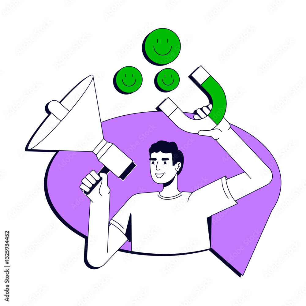 Leads generation vector illustration concept. Customer experience. Businessman using megaphone and magnet to attract happy customers stylized cartoon character isolated on white. Flat 2D line art Leads generation vector illustration concept. Customer experience. Businessman using megaphone and magnet to attract happy customers stylized cartoon character isolated on white. Flat 2D line art