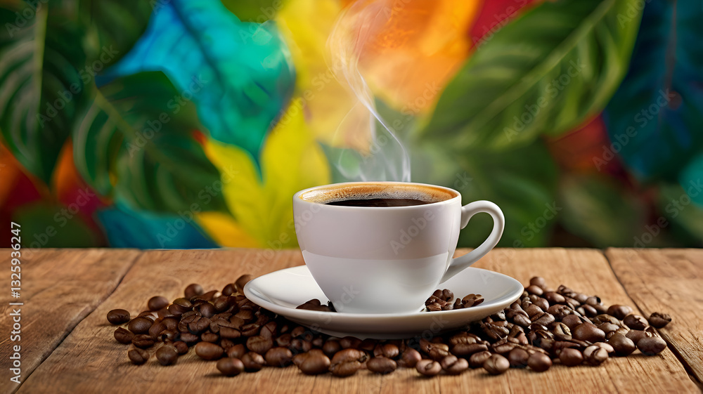 Fototapeta premium cup of coffee, Coffee cup on colorful background with leaves, symbolizing freshness and energy