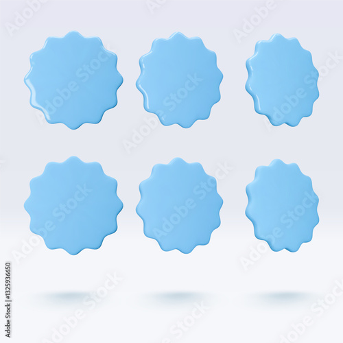 Set stickers, badges mockup. Blank labels of circle shapes with wavy edge. Vector illustration isolated on white. Copy space. Stickers or patches for preview tags, labels, design, presentation, adv