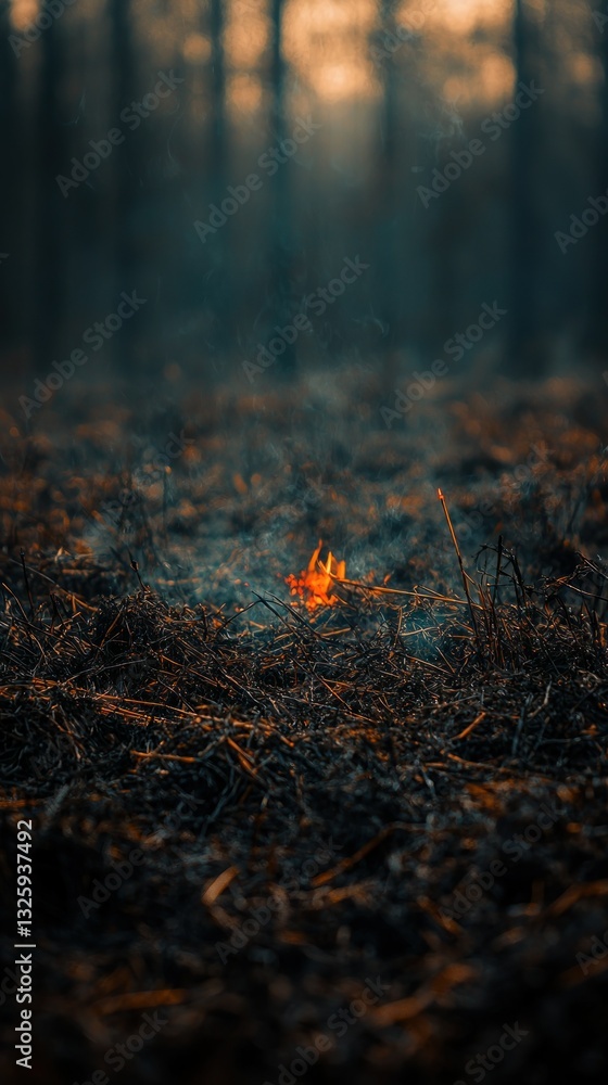 Small flames flicker in a forest clearing at dusk Small flames flicker in a forest clearing at dusk