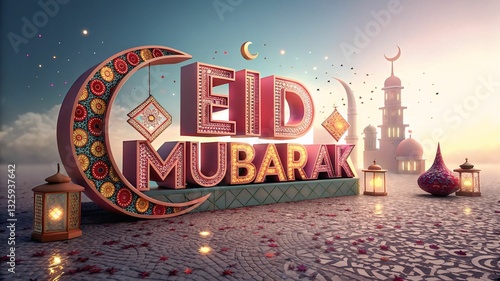 Breathtaking 3D Eid Mubarak Art with Luminous Light, Crescent Moon, and a Captivating Festive Background