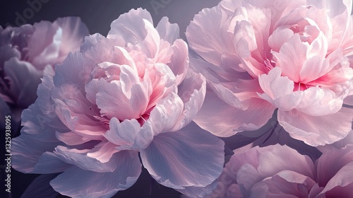 Digital illustration of blooming peony flowers in soft pastel tones on white background