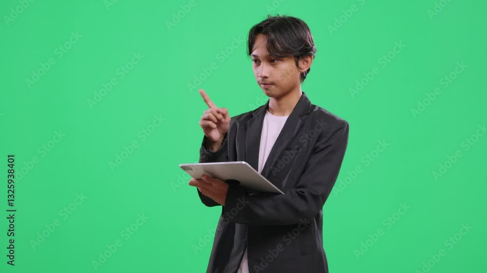 Businessman with tablet in hand interacting with an invisible virtual screen over an isolated green background. Performing clicking, tapping, swiping, and sliding gestures. Green screen, technology