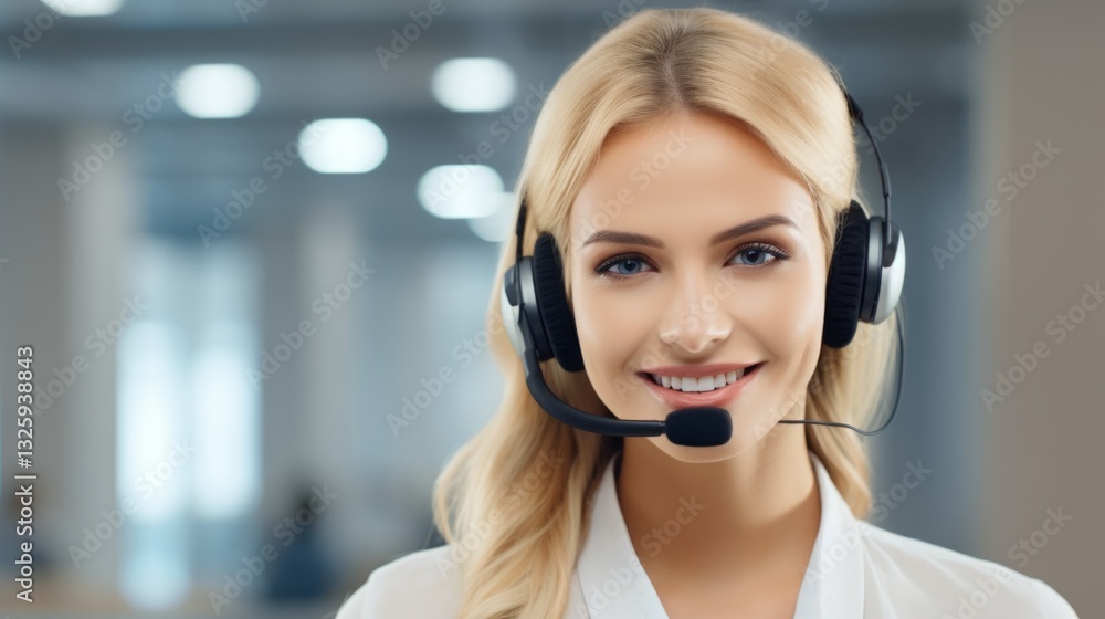 Pretty woman works in a customer center with headset, headphone and microphone
