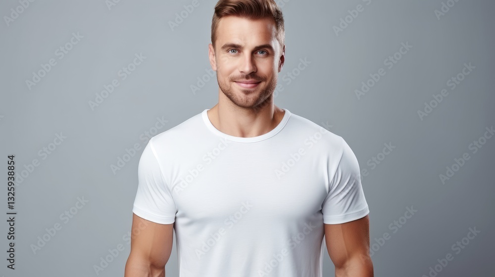 attractive strong man in white mock-up T-Shirt, looking into camera
