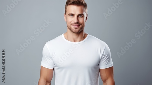Obraz na płótnie attractive strong man in white mock-up T-Shirt, looking into camera w salonie