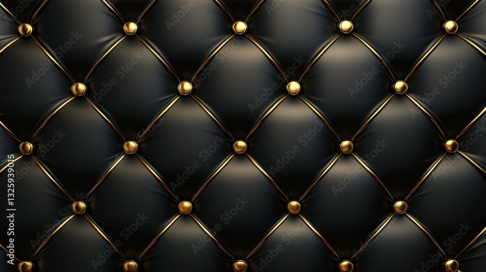 Naklejka premium Black leather tufted upholstery texture with gold buttons.