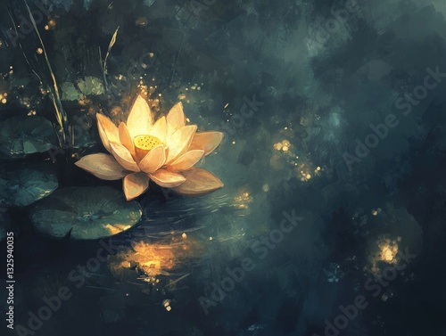 Glowing lotus flower floating on water with dark background. Illuminated petals and reflections. Peaceful and serene atmosphere