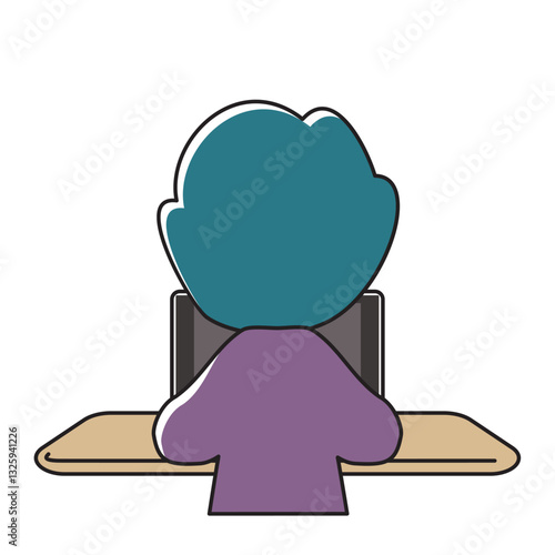 タブレット端末で学習をする子供の後ろ姿のベクターイラスト