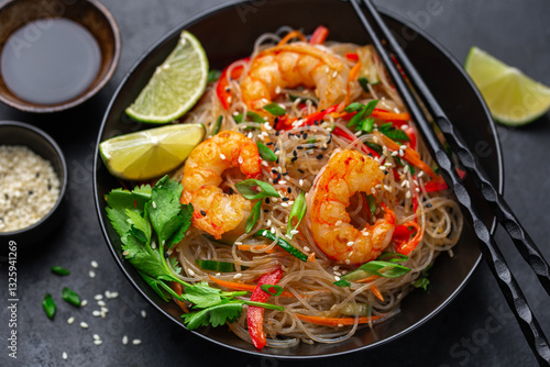 close up of rice noodles with shrimps and  vegetables