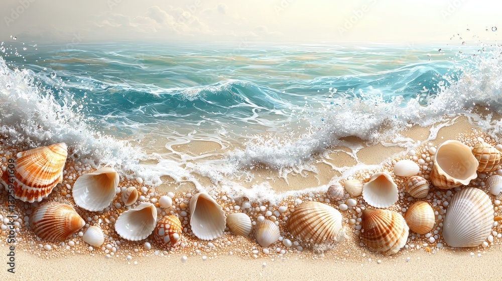 Seashells on white sand with crystal clear tropical ocean water Seashells on white sand with crystal clear tropical ocean water
