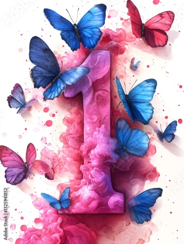 Number one surrounded by colorful butterflies and abstract smoke