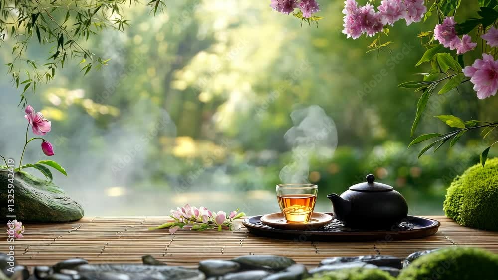 Serene tea garden tranquility amidst blooming nature