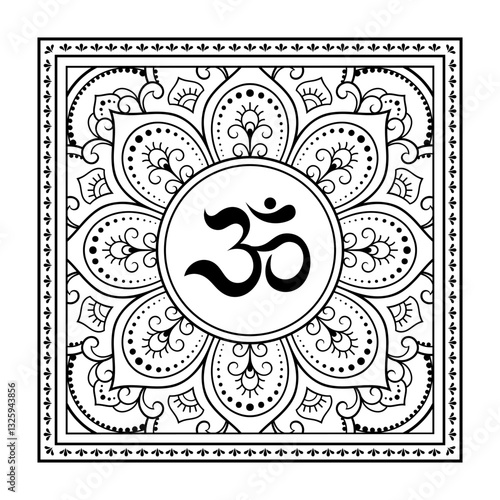 Circular pattern in form of mandala for with flower Henna, Mehndi, tattoo, decoration. Decorative ornament in oriental style with ancient Hindu mantra OM. Outline doodle vector illustration.