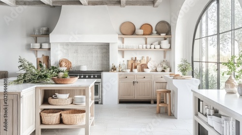 Bright and airy kitchen with open shelving and moveable freestanding units.