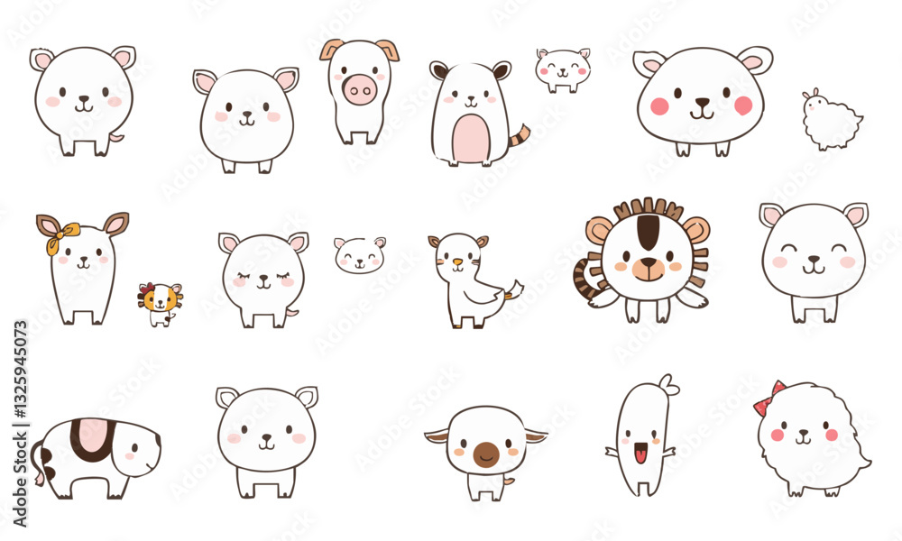 Obraz premium Cute animal doodles featuring various adorable characters like sheep, pigs, and lions, perfect for children designs and playful themes