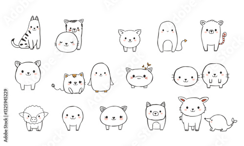 Cute animal doodles featuring various adorable creatures in black and white, showcasing playful expressions and charming designs. Perfect for children illustrations or fun graphics