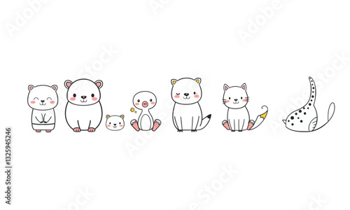 Cute animal doodles featuring various adorable creatures in playful arrangement. These charming illustrations include bear, penguin, cat, and more, evoking joy and whimsy