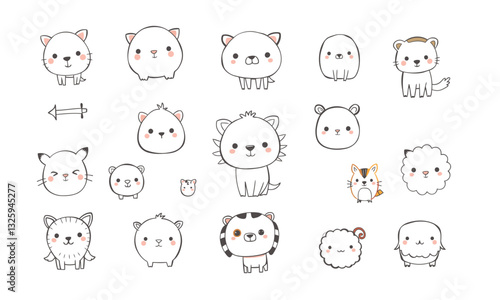 Cute animal doodles featuring various adorable creatures in playful style. These charming illustrations include cats, dogs, and other whimsical animals, perfect for children designs