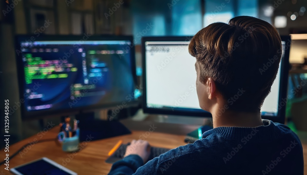 College student engaged in online class work with coding on dual monitors in a quiet workspace College student engaged in online class work with coding on dual monitors in a quiet workspace