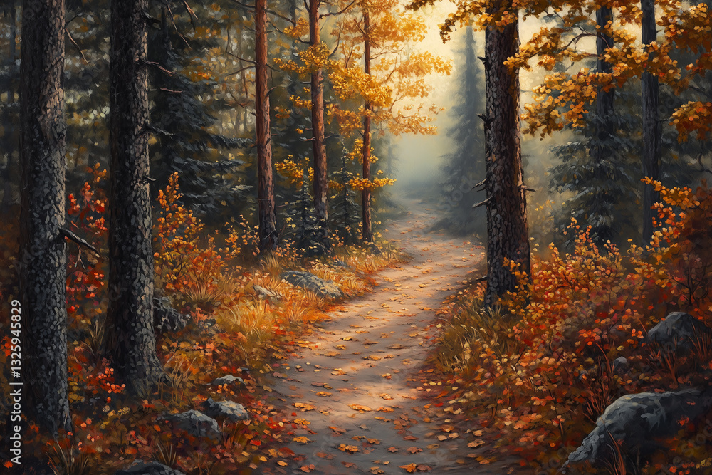 Obraz premium Herbstlicher Waldweg – Goldene Blätter und warmes Sonnenlicht