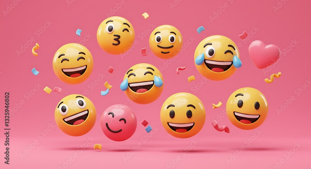 Colorful Collection of Happy Emoji Faces Floating Against Pink Background Colorful Collection of Happy Emoji Faces Floating Against Pink Background