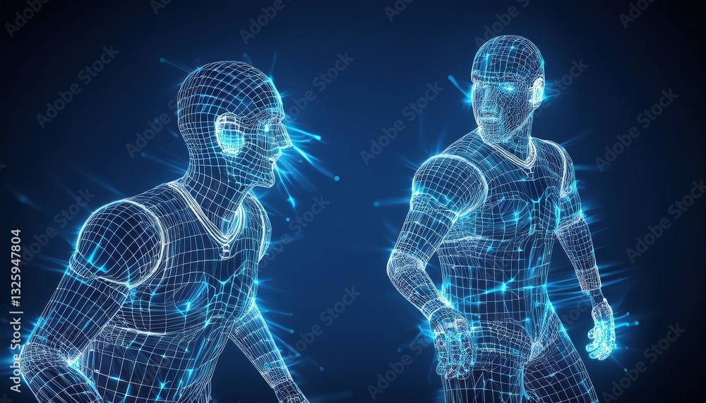 Firefly American football players displayed in wireframe model against a blue background showcasing dynamic movement and athleticism in an abstract style Firefly American football players displayed in wireframe model against a blue background showcasing dynamic movement and athleticism in an abstract style