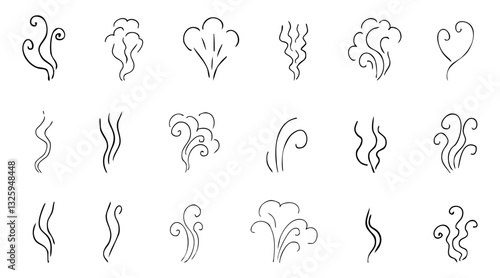 Steam smoke hand drawn line comic doodle. Aroma trail, cloud or wind silhouette. Smells hot air fragrance evaporate set. 