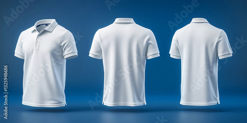 Three-view mockup of a clean white polo shirt, perfect for showcasing designs or branding.
