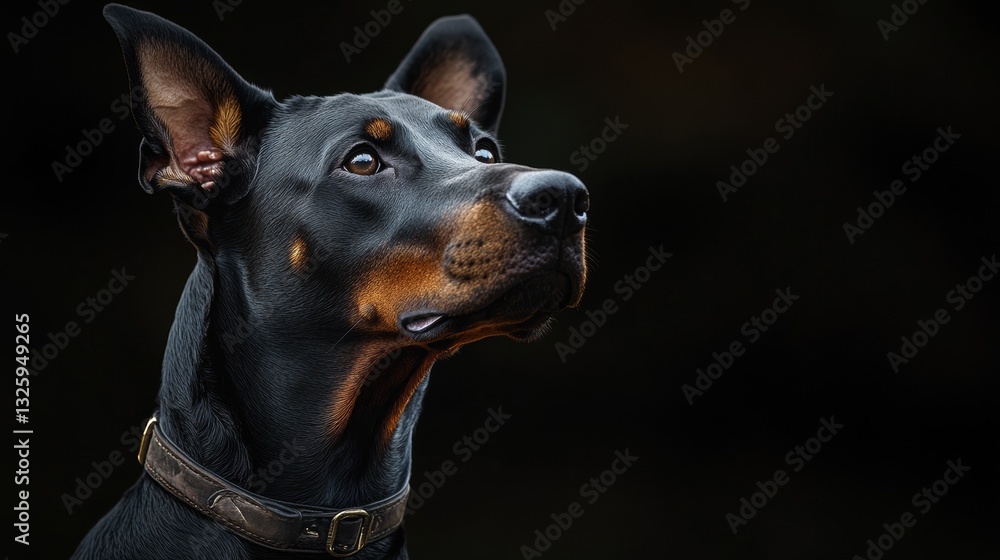A studio shot of a doberman on the dark background A studio shot of a doberman on the dark background