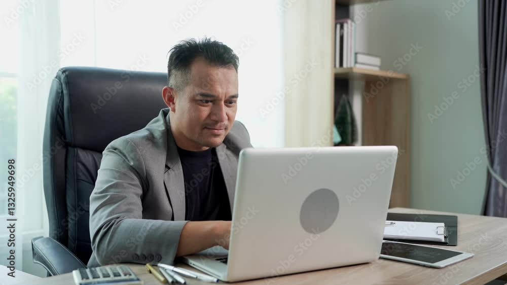 Cheerful professional businessman working on his laptop with concentration and productivity in a modern office environment. The man's facial expression shows determination and successful. Cheerful professional businessman working on his laptop with concentration and productivity in a modern office environment. The man's facial expression shows determination and successful.