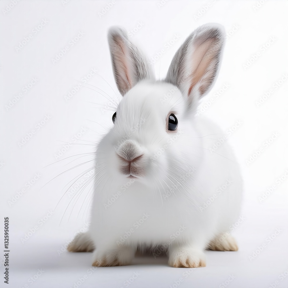 Cute white rabbit with soft fur sitting on a clean white background during a bright daylight setting Cute white rabbit with soft fur sitting on a clean white background during a bright daylight setting