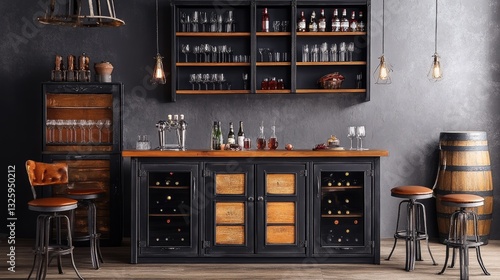 Industrial-style freestanding bar table with matching stools.