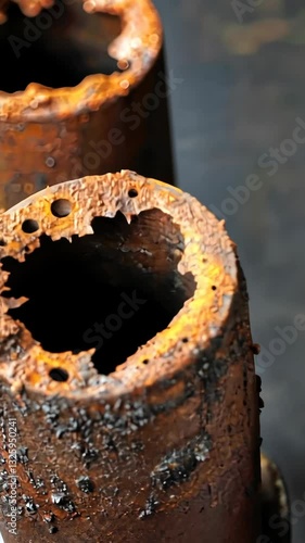 Rusted metal pipes showing signs of age and deterioration in an industrial setting with warm lighting
