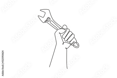 Continuous one line drawing hand of professional male mechanic holding wrench key in workshop. Handyman tools for car repair or maintenance concept. Single line draw design vector graphic illustration