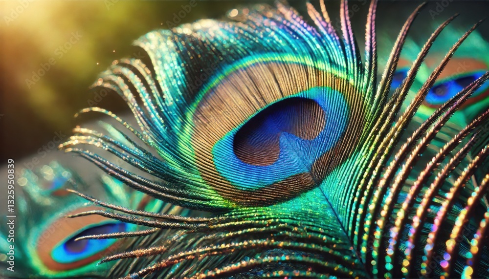 Obraz premium Peacock feather macro with iridescent blue and green hues showcasing intricate details